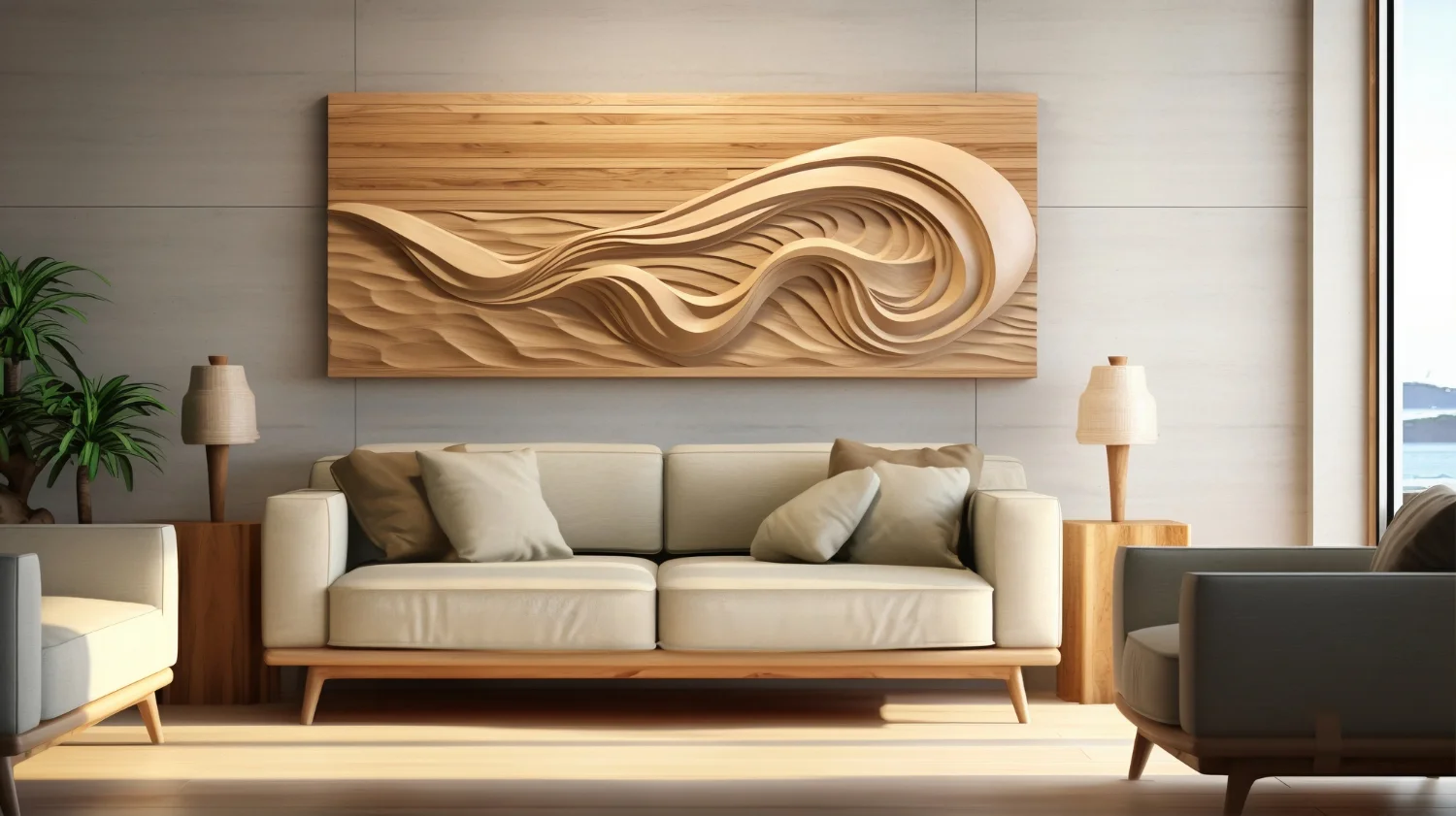 Handcrafted wooden wall decor displayed above a sofa