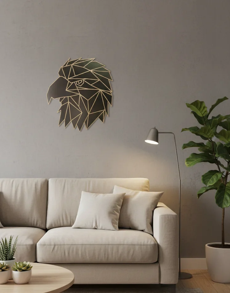 Geometric Eagle Wall Art | Wooden Wall Decor with Golden Glass Border