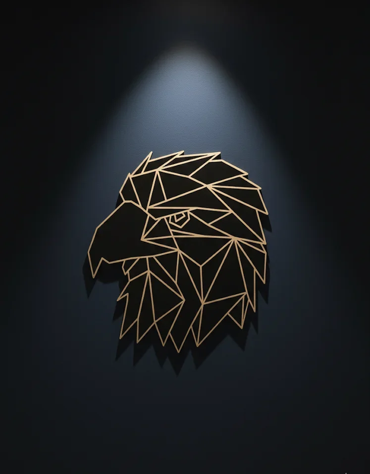 Geometric Eagle Wall Art | Wooden Wall Decor with Golden Glass Border - Image 2