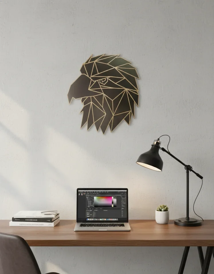 Geometric Eagle Wall Art | Wooden Wall Decor with Golden Glass Border - Image 3