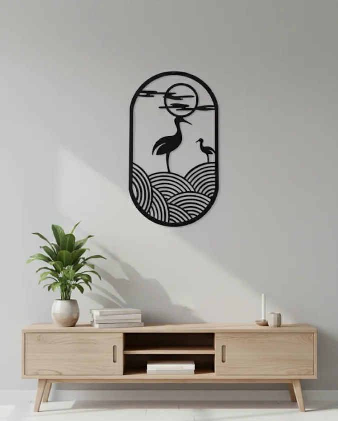 Wooden Wall Art – Crane & Sunset Design | MDF Wall Decor