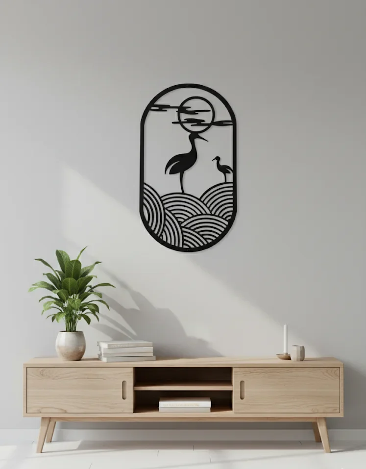 Wooden Wall Art – Crane & Sunset Design | MDF Wall Decor