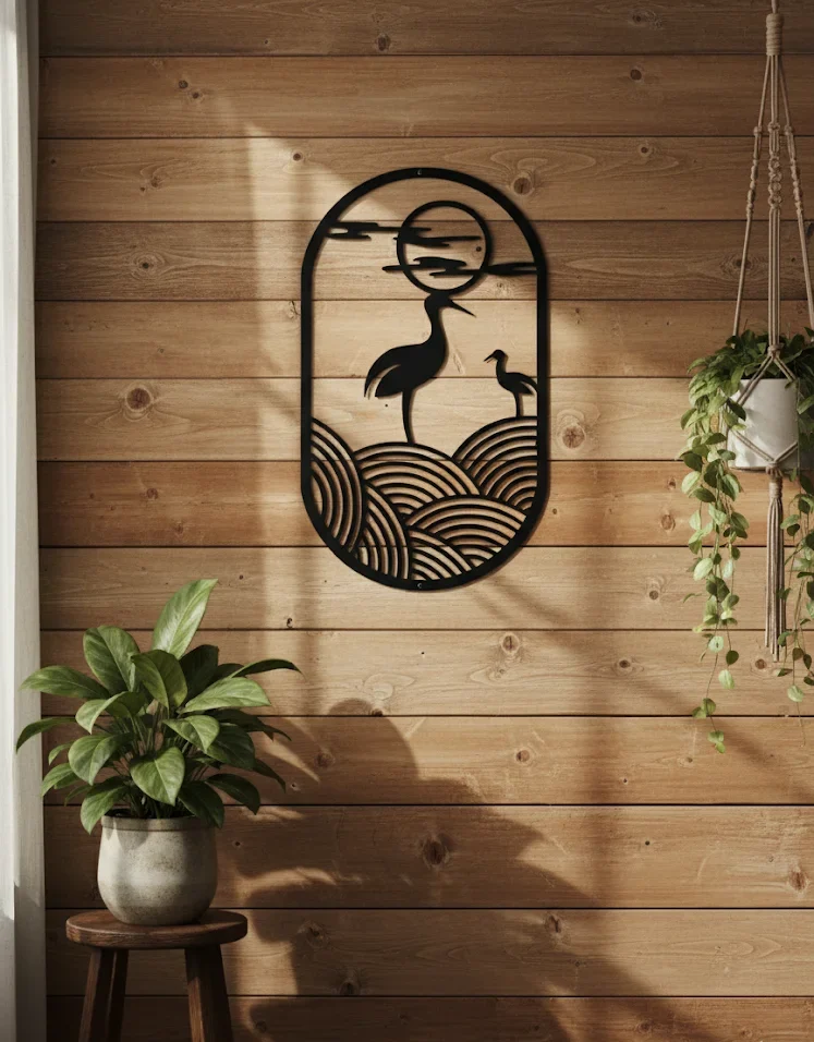 Wooden Wall Art – Crane & Sunset Design | MDF Wall Decor